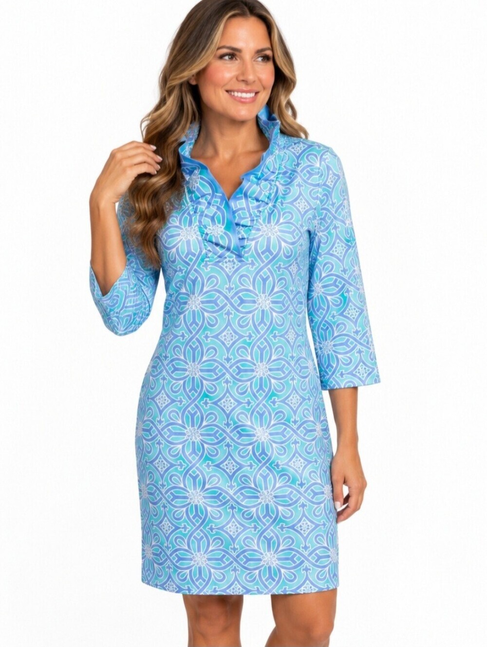 Gretchen Scott Dress Small Blue Aqua Floral Ruffle Collar 3/4 Sleeve Stretch